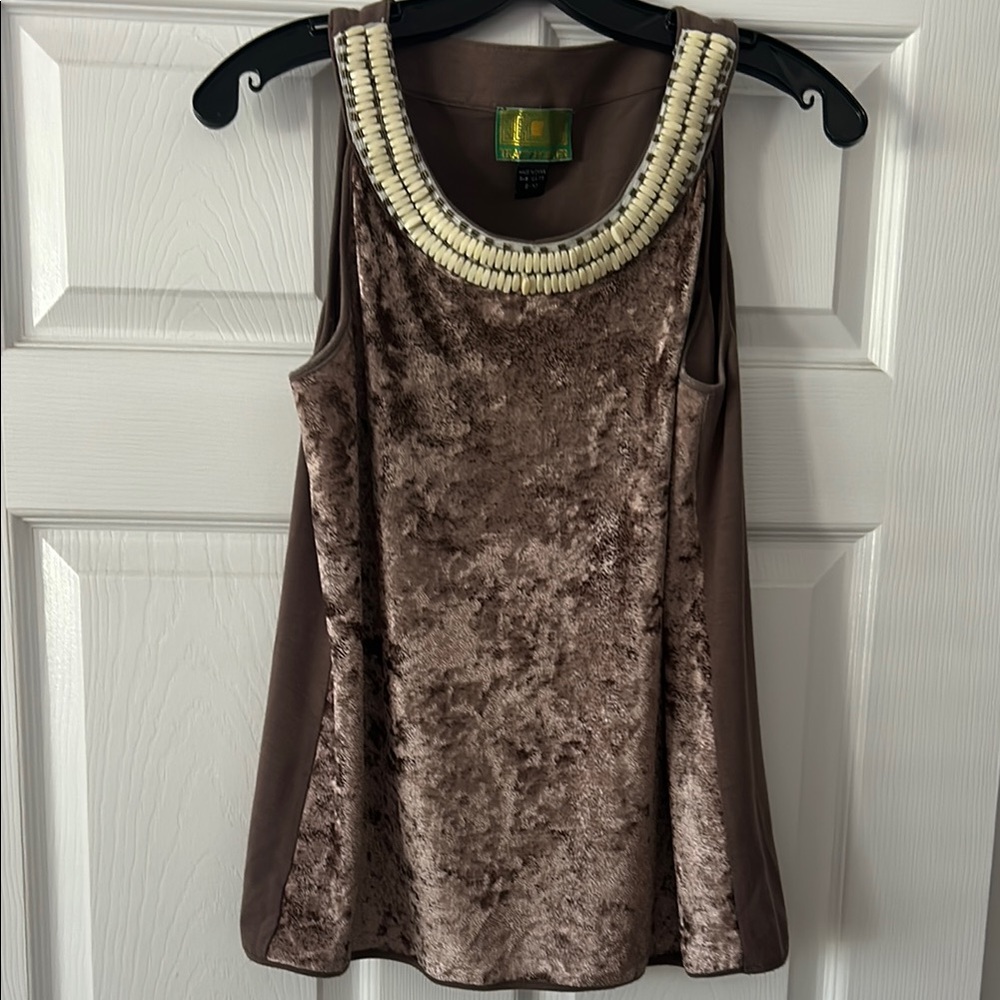 Tracy Porter Brown crushed velvet Embellished Sleeveless Tank Top